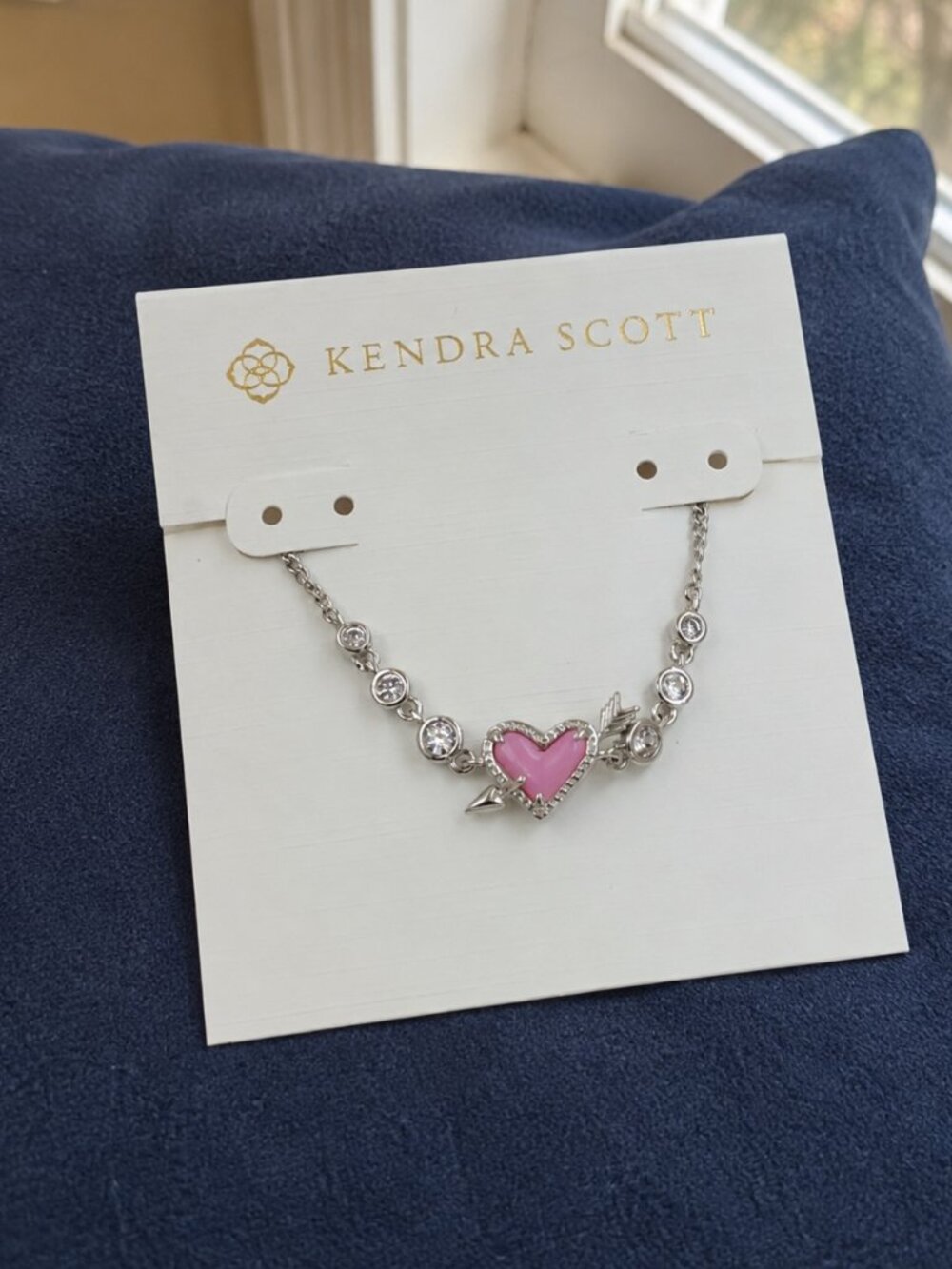 Kendra Scott ari heart arrow tennis bracelet silver pink opalescent resin